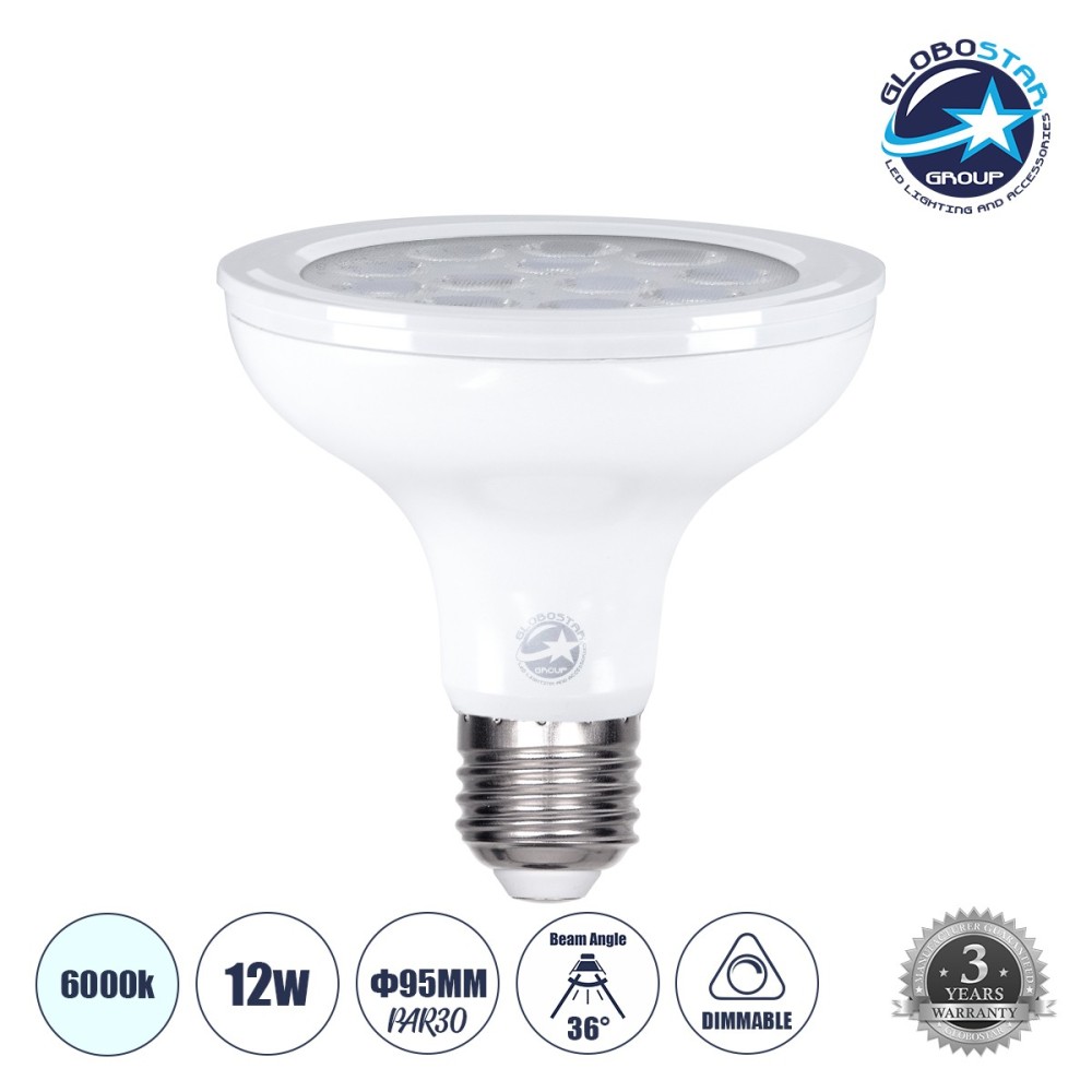 GLOBOSTAR® SPOTPAR 60090 Σποτ E27 PAR30 LED 12W 1200lm 36° AC 220-240V IP20 Ψυχρό Λευκό 6000K Dimmable - Μ9.5 x Π9.5 x Υ9.5cm - 3 Χρόνια Εγγύηση